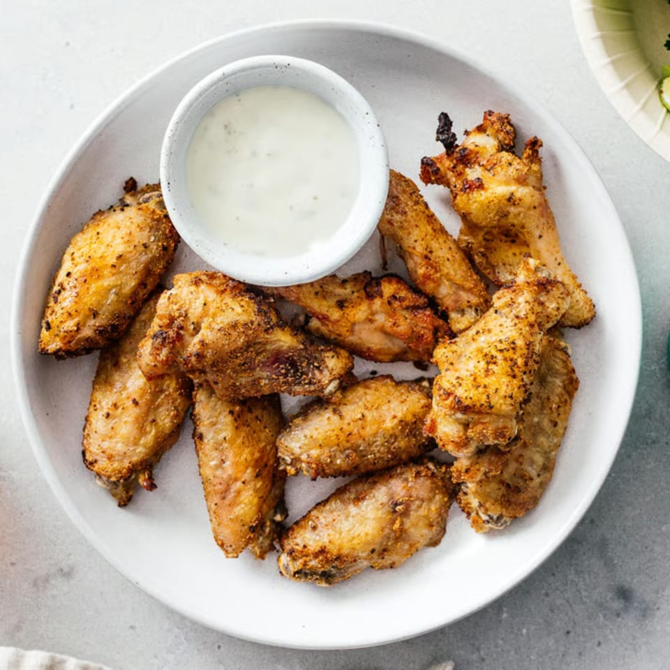 A white plate filled with crispy, golden-brown Wingz chicken wings and a small bowl of ranch dip.